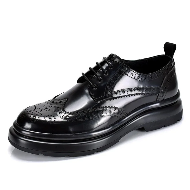 Handmade Brogue Carved Leather Shoes Fashion Thick Heel Mens Derby Shoes Cow Black Shoes Oxfords