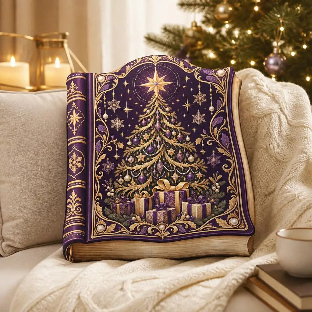 Victorian Christmas Tree Book Shaped Pillow Purple Gold Holiday Cushion Stuffed Throw Pillow Festive Home Decor Accent Gift