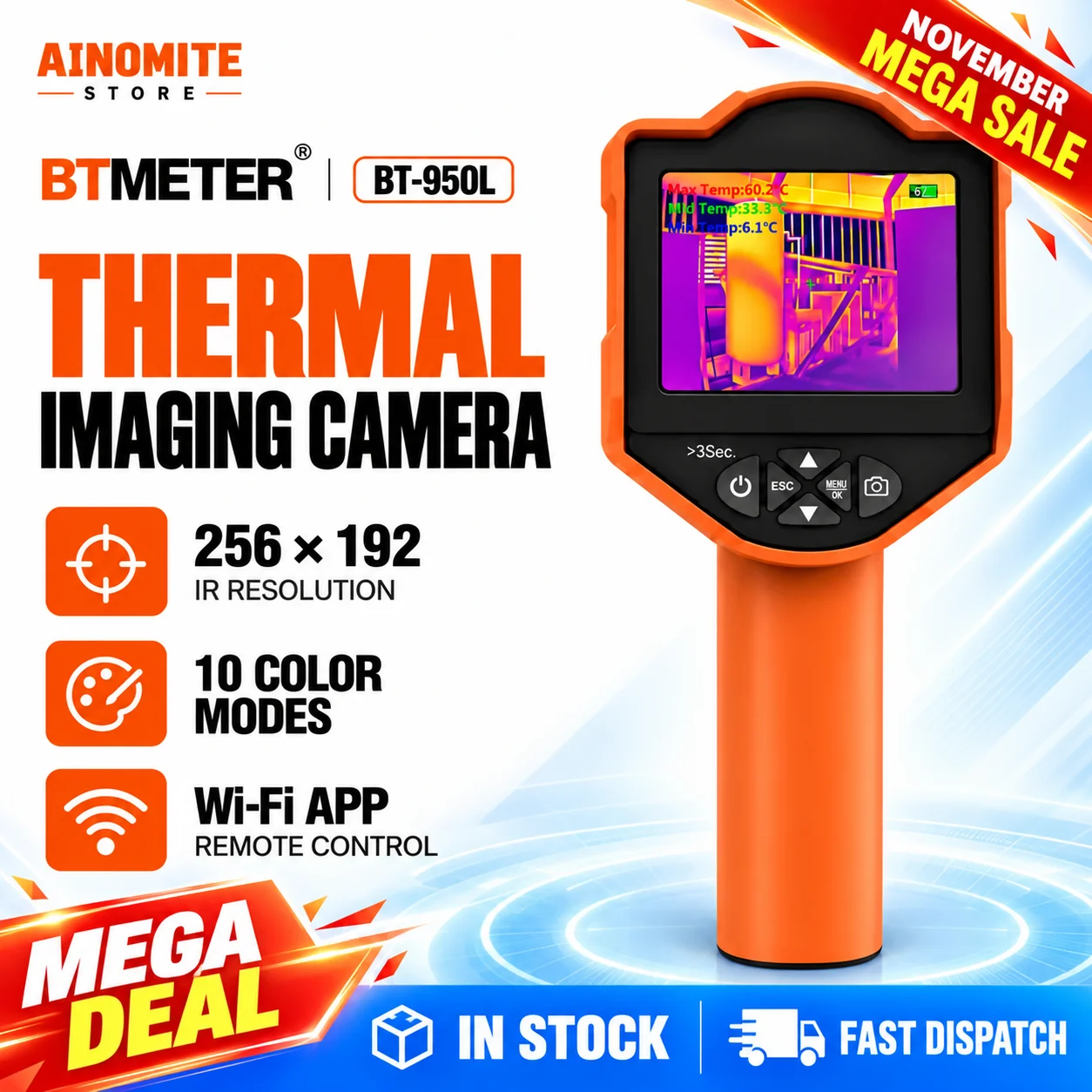 256x192 Thermal Imaging Camera 25Hz 3.5" LCD Infrared Imager -20~550°C IR Thermal Camera HVAC Electrical Inspection