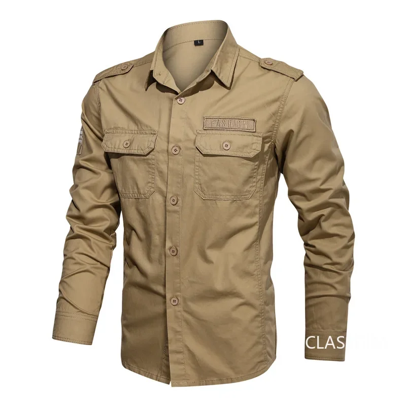 Men Military Long-sleeved Tooling Shirts Male Cotton Multi-pocket Outdoor Casual Shirts Good Quality Man Large Size Solid Shirts