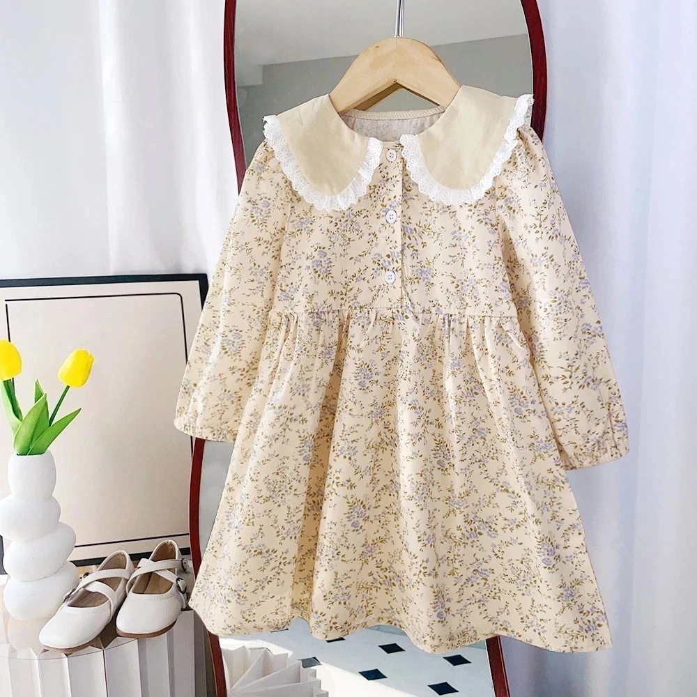 Autumn Fashion New 3-7 Years Girls Cute Print Long Sleeve Dress 1 Pc Kids Turn-down Collar Loose Casual Clothes