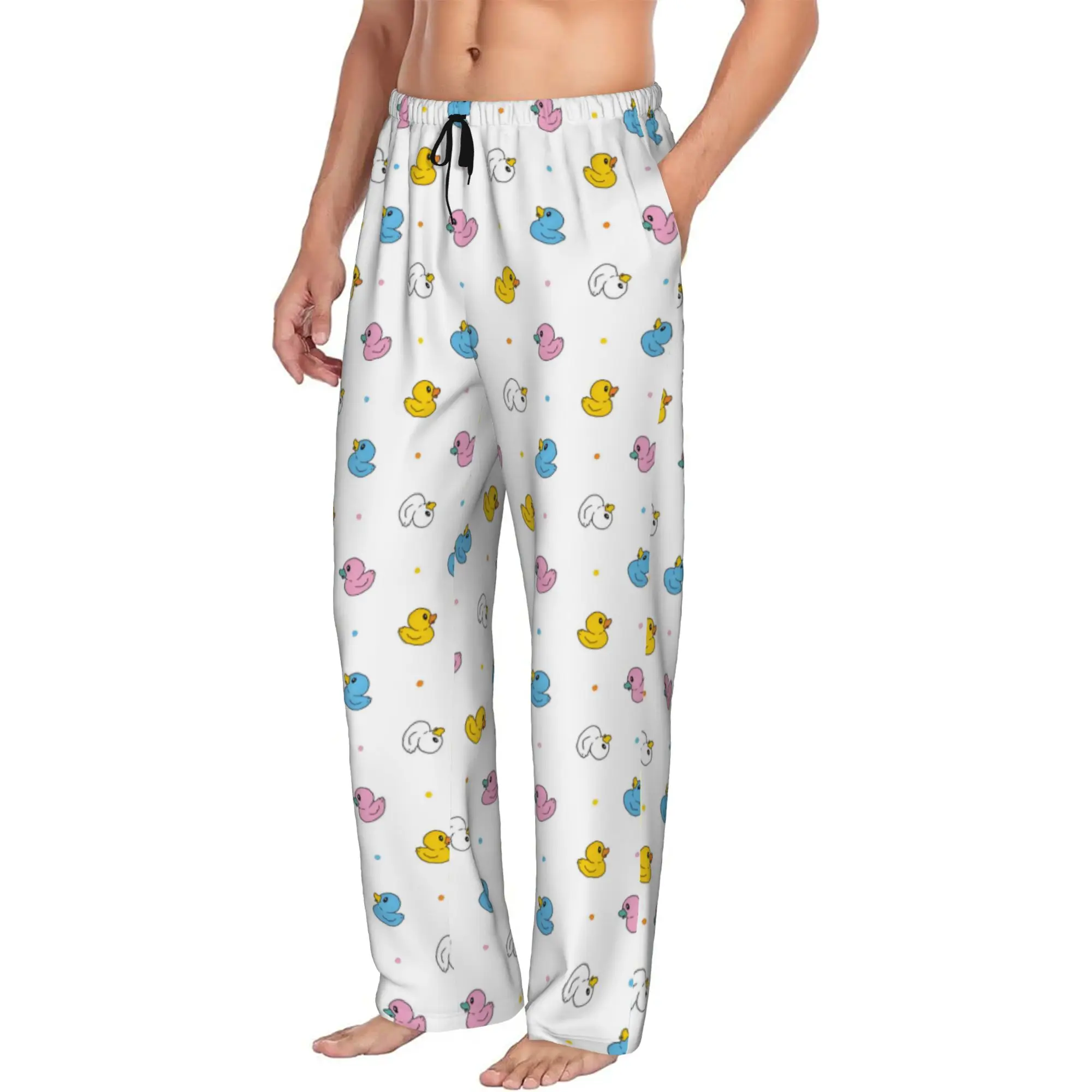 Custom Duck Pattern Rubber Cartoon Character Doodle Pajama Pants Men's  Sleepwear Lounge Sleep Bottoms Stretch with Pockets