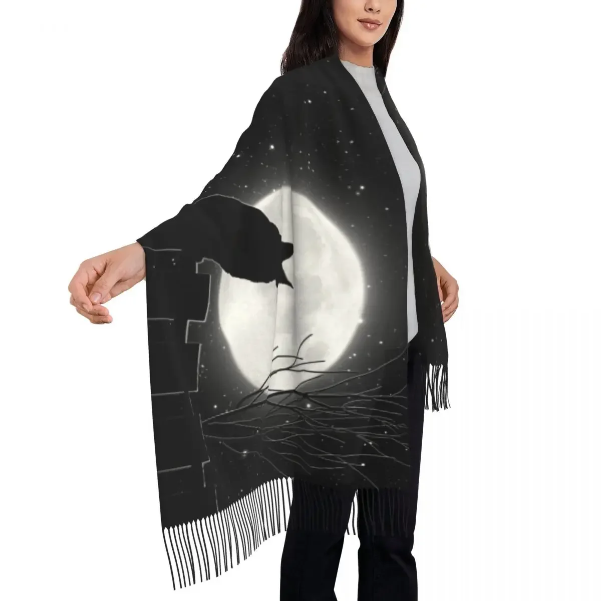 Bufanda de luna llena para mujer, chal largo de invierno cálido con borla, bufandas de dibujos animados de animales, Unisex