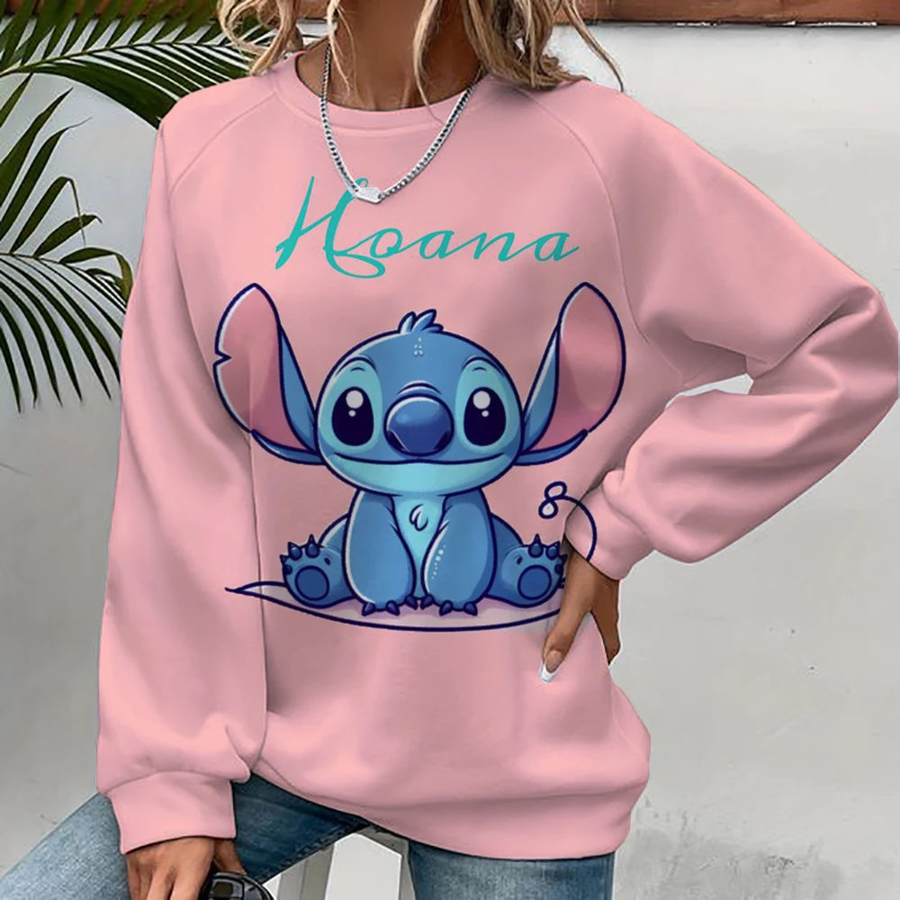 Outono diversão impressão manga longa topo 2024 novo dos desenhos animados disney bonito lilo & stitch senhoras moletom tripulação pescoço solto