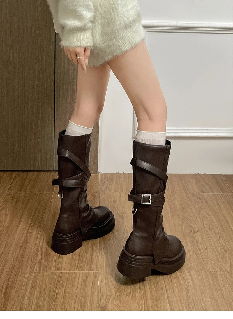 Vintage Damenstiefel mit Dickem Absatz, Modische Slip-On Kniestiefel für Herbst und Winter, Zapatos De Mujer – Detail 8