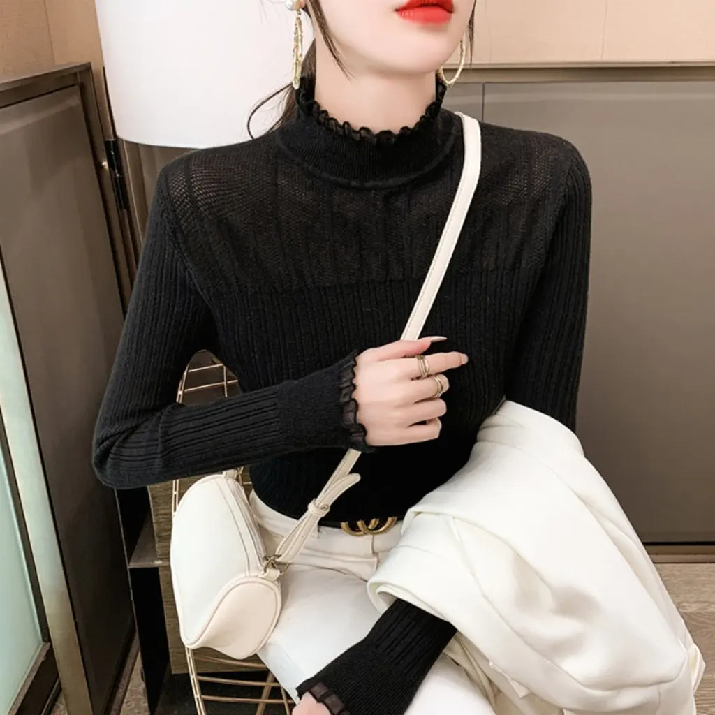 

Women's Lace Half-High Collar Base Shirt Slim-Fit Hollow-Out Knitted Sweater Elegant Top for Autumn Winter
