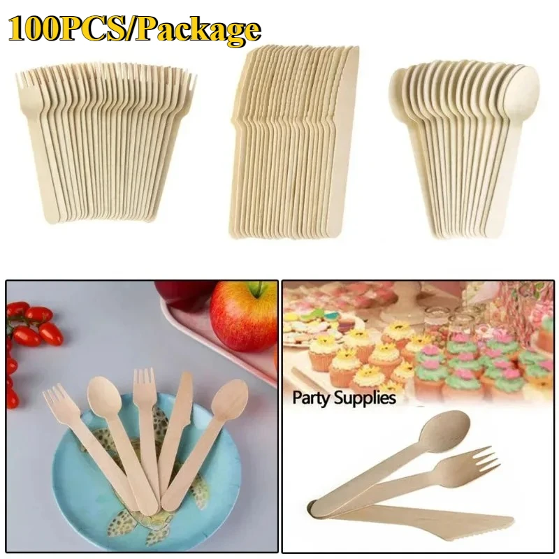 

Набор биоразлагаемых столовых приборов из бамбукового дерева: 100 шт./упак. (ножи, вилки, ложки) – одноразовая посуда для кухни, столовой, бара