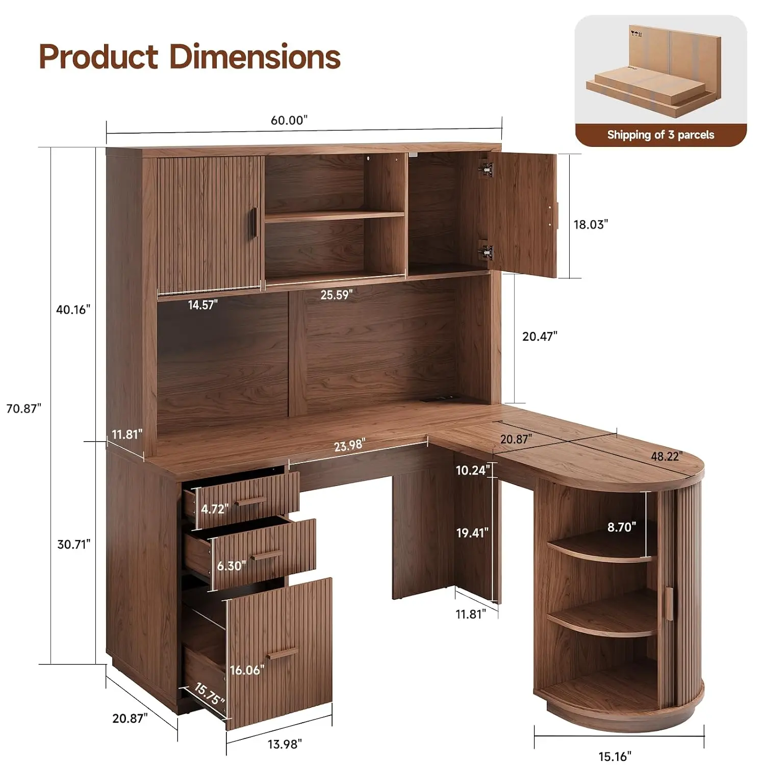 L Shaped Executive Desk With Hutch, Study Workstation, Walnut, 70.87