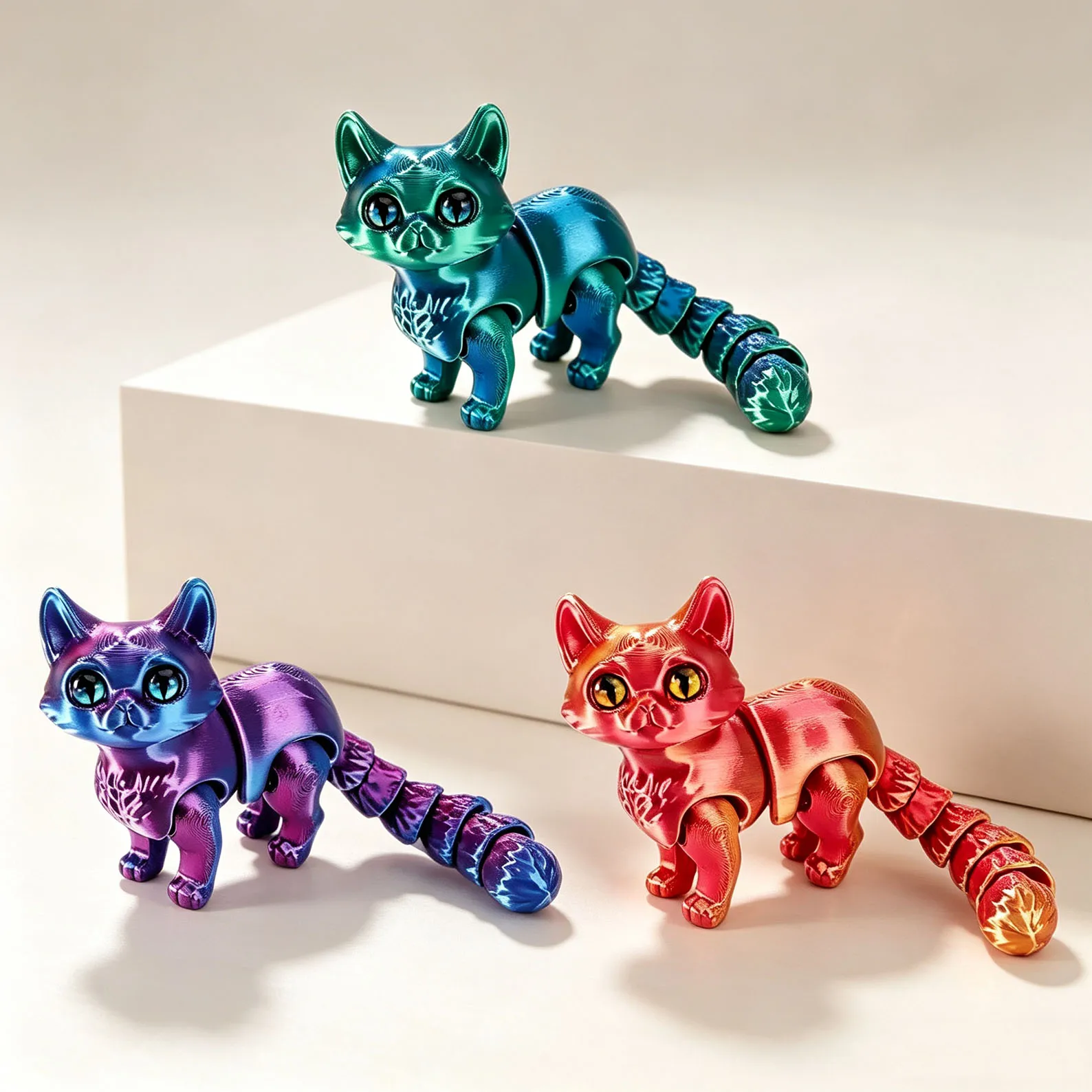 3D Printed Cute Cat Figurine,Mini Living Room Decorative Desktop Home Accessory,Car Decor,Movable Tail Joints,Eye Color Random