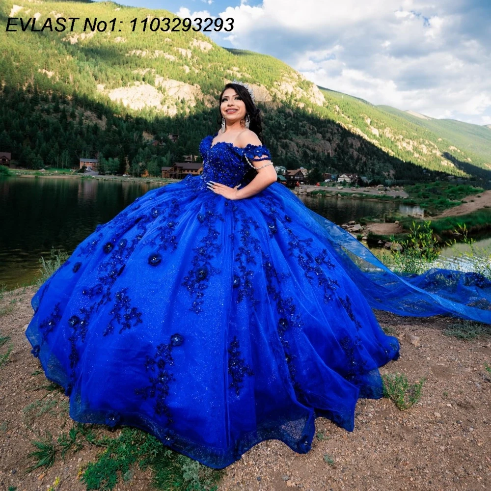 EVLAST Personalizzato Lucido Royal Blue Abito Quinceanera Abito di Sfera Glitter Applique di Pizzo Perline Dolce 16 Abiti Da 15 Anos E1QN566