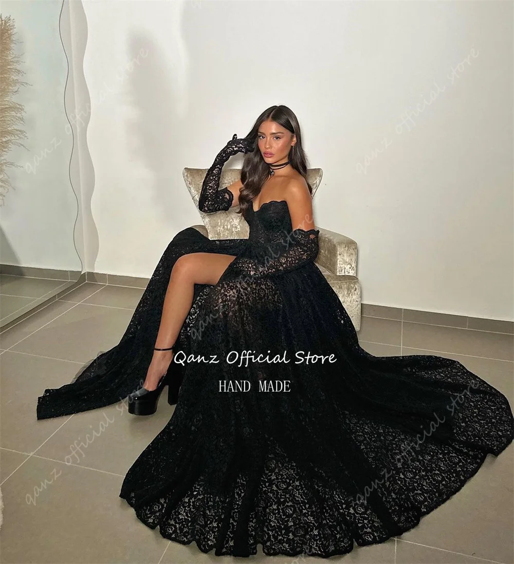 Qanz Sexy Lace Prom Dresses Sweetheart Black Mermaid Party Evening Elegant Celebrity High Slit Dress Party Night Customized