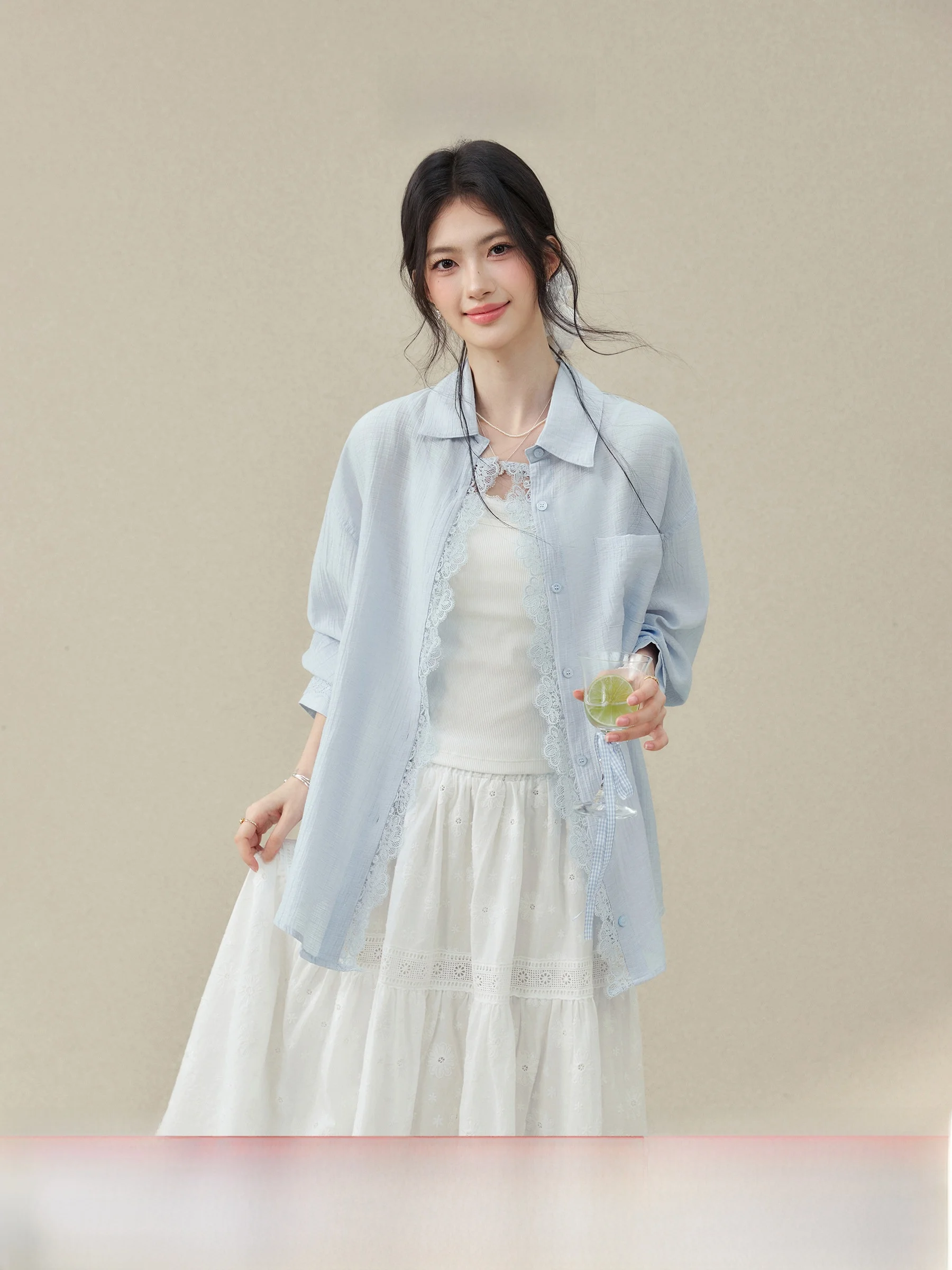 

Blue Lace Trim Shirt Women's Collar Design Sensation plus Size Elegant Style Breathable Long Sleeve Floral Summer Shirt