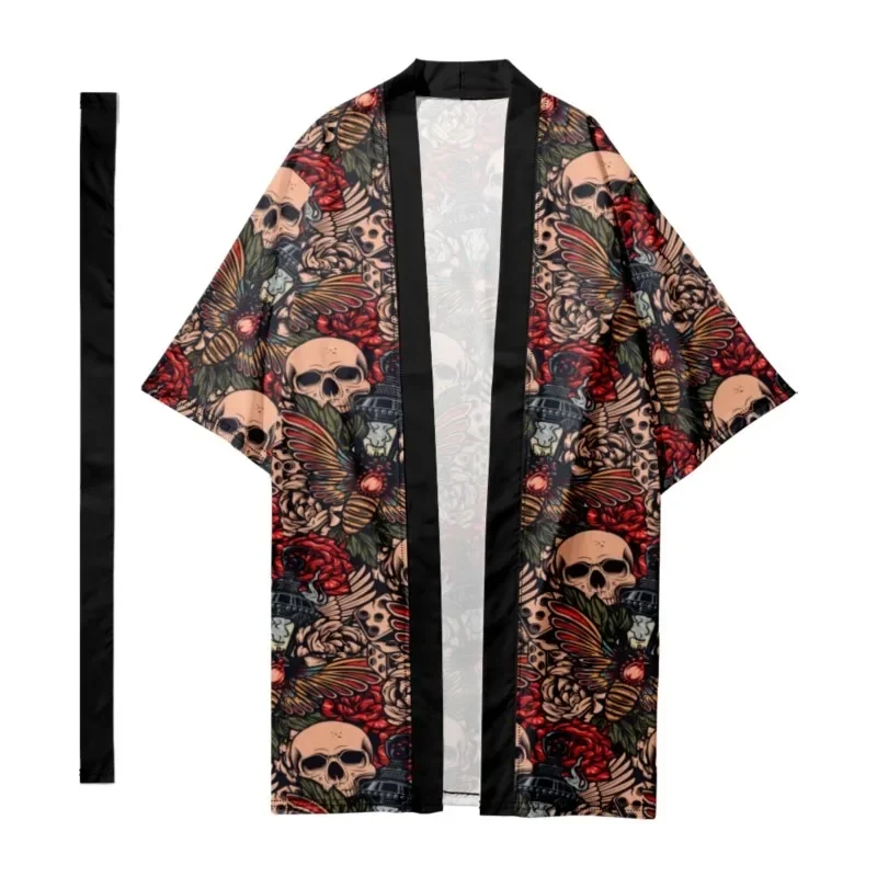 Men's Japanese Traditional Kimono Skull Print Stripes Long Kimono Fashion Cardigan Samurai Bathrobes Yukata Jacket Shirt