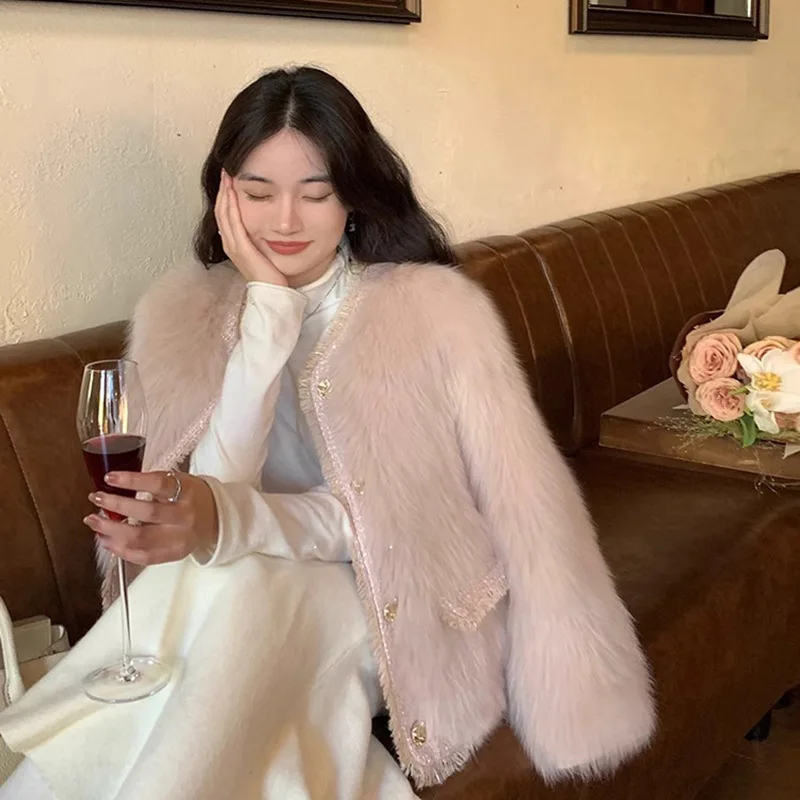 인조 모피 코트 여성용 모피 재킷 솔리드 포켓 라운드 넥 긴 소매 싱글 브레스티드 루즈 캐주얼 오피스 레이디 2025 가을 겨울