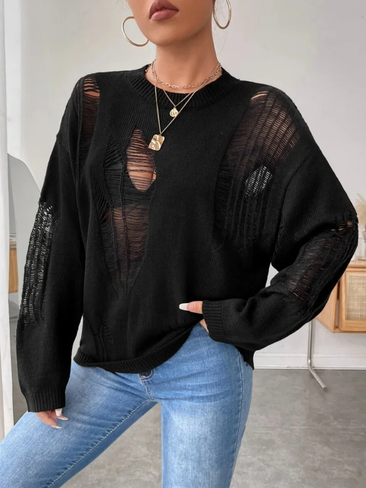 

Trendy Hollow Out Knitwear Clothes Top For Women Streetwear Style Ripped Knit Pullover Holey Hemstitched Openwork Sweater
