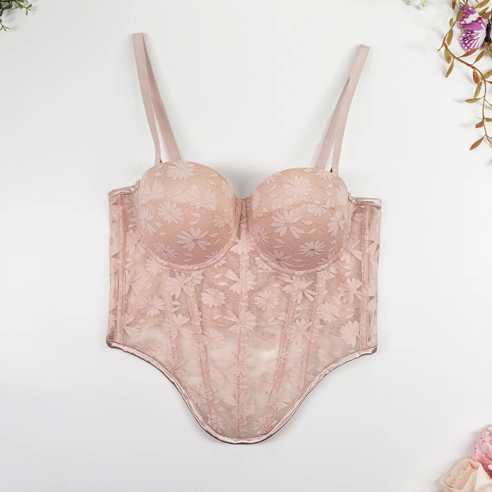 Sheer Lace Corset with Removable Pads, Tummy Control Bustier Top for Women, Sexy Long Short Hemline Layering Push Up Bra