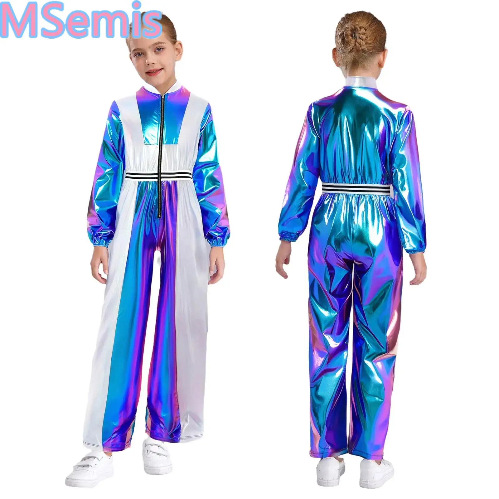 

Kids Girls Metallic Jazz Jumpsuit Long Sleeves Stand Collar Color Block Patchwork Zipper Bodysuit for Dance Hip-Hop Performance