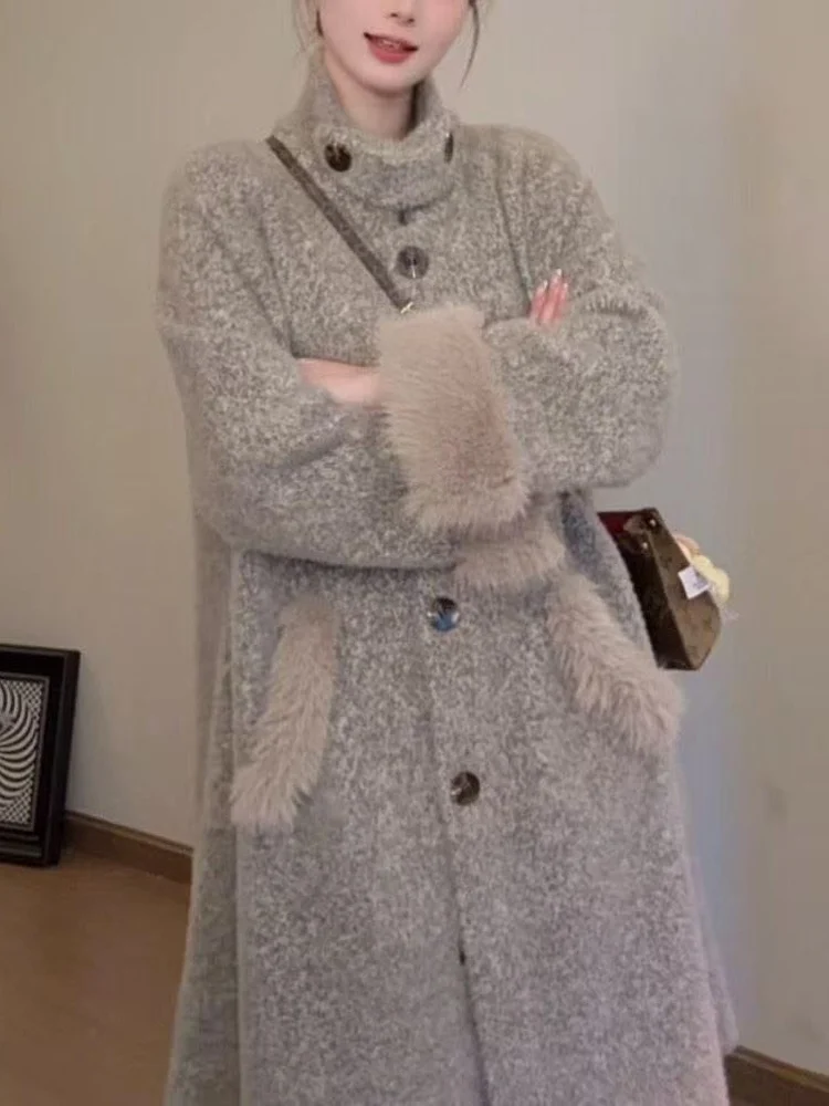 

Длинное шерстяное пальто женское зимнее утепленное с воротником-стойкой, роскошное, модное, французский стиль, повседневная носка