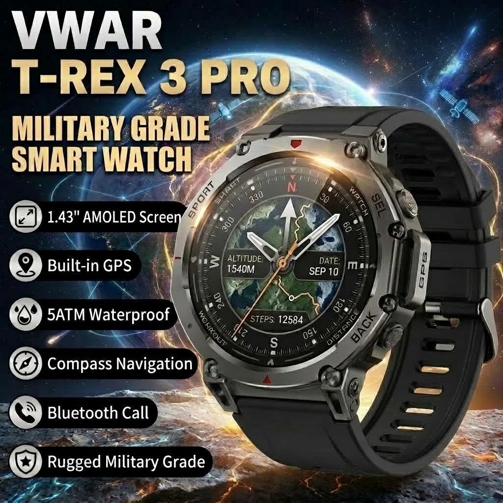 NEW T-Rex 3 PRO GPS Smart Watch AMOLED 5ATM Waterproof Bluetooth Calling 500mAh Battery Military Grade Swim Smartwatches For Men