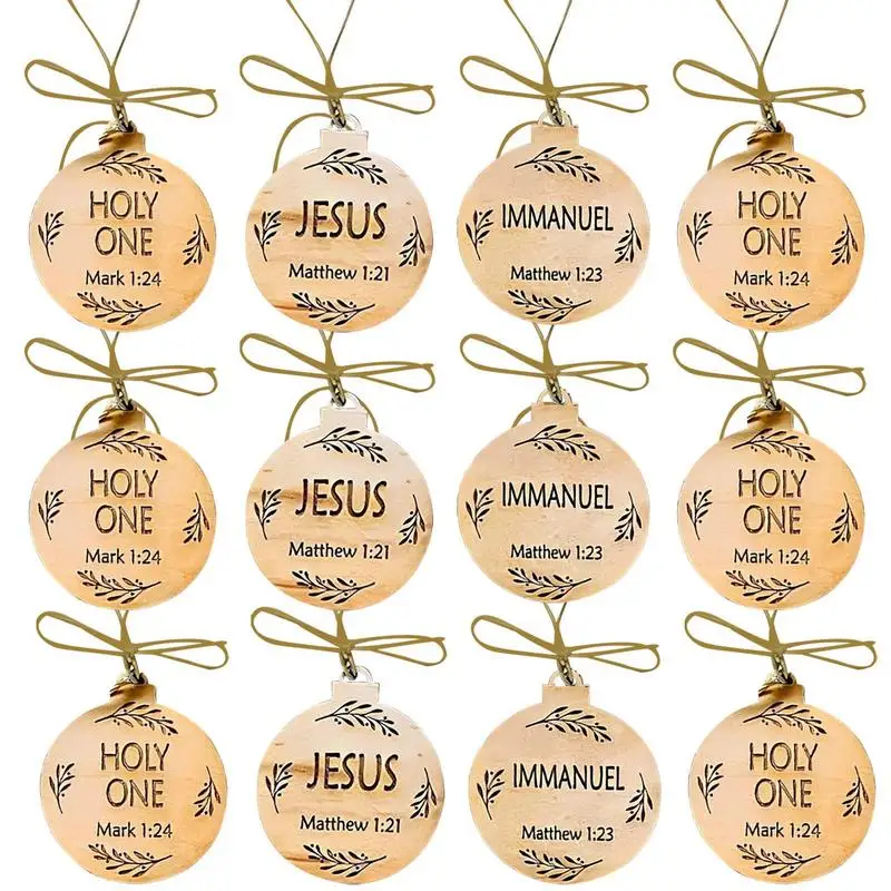 12pcs Jesus Christ Pendant Wood Nativity Ornament Christmas Tree Decoration Wooden Savior Name Hanging Ornaments Home Decor