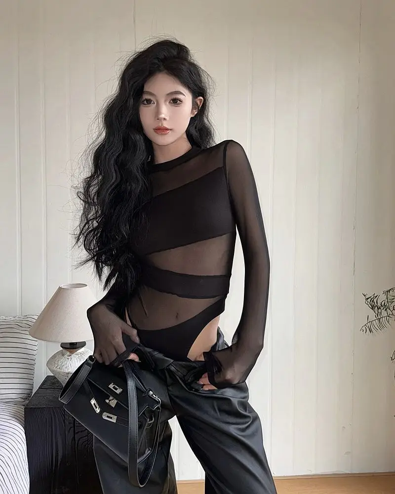 Autumn Sheer Sexy Mesh Slim Thin Hollow Top Slim Cropped Tops Y2k Party Club