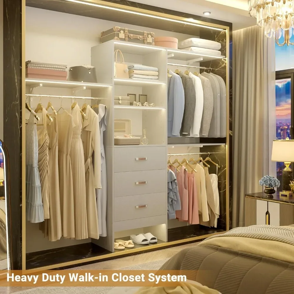 96 inch Closet System with 3 Wooden Drawers, Closet Organizer System with Storage Shelves Cutable, Wall-mounted Closet System