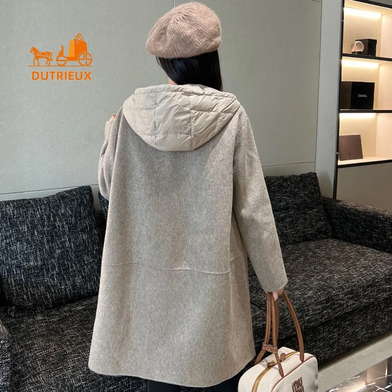 2024 Winter New Coat for Women, Spliced Cashmere Hooded Mid-length Down Jacket with Detachable Lining and Down Vest for Warmth