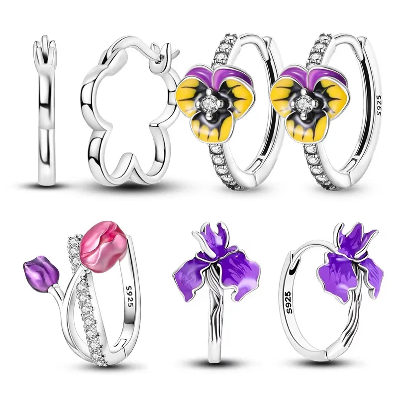 

Sterling Silver 925 Hoop Earrings Purple Pink Flowers Shaped Colorful Luxury Fine Engagement Jewelry Earring for Women Gift
