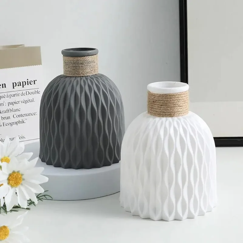 1/2PCS Nordic Plastic Decorative Vase Anti Fall Hemp Rope Waist Folding Flower Vase Living Room Light Luxury Ornament