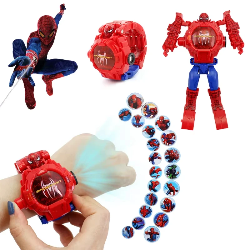 Spiderman może deformać zegarek dla dzieci robot zabawki Iron Man Captain America Anime rysunek 21. projekcja elektroniczny zegarek na rękę prezenty