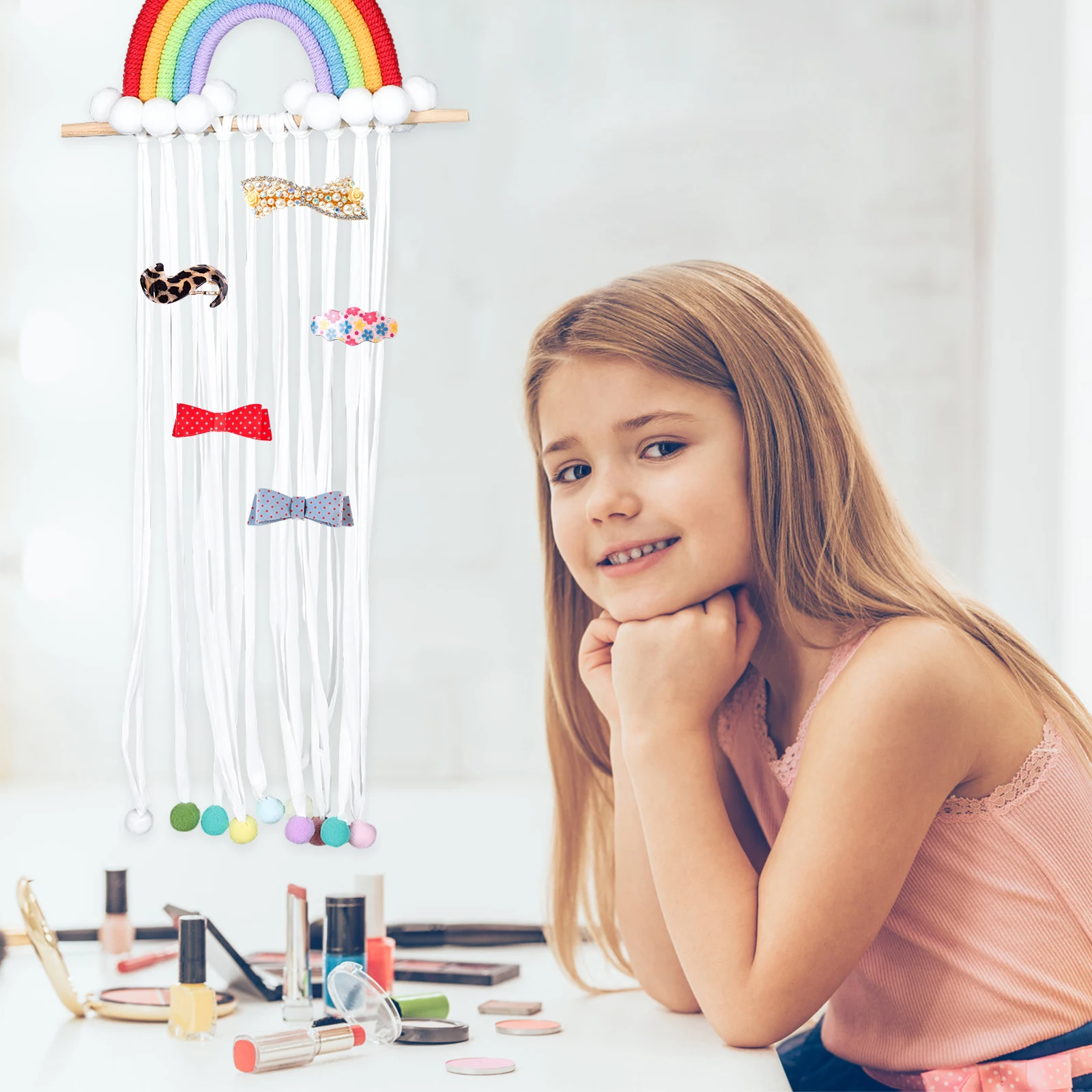 

1pcs Rainbow Tassels Bows Holder Hair Clips Organizer Headband Storage Mounted Hair Accessories Holder Sturdy Bow