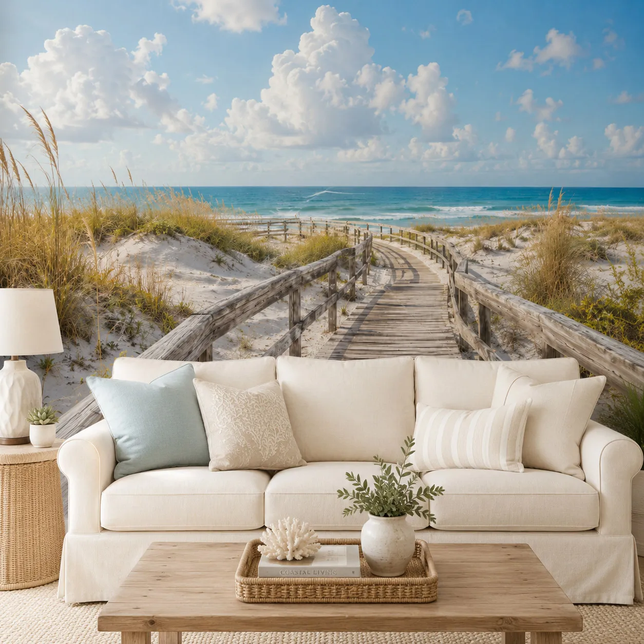 Coastal Beach Boardwalk Wall Mural Wallpaper Sand Dunes Seaside Ocean Views Living Room Bedroom Non Self Adhesive Paste Required