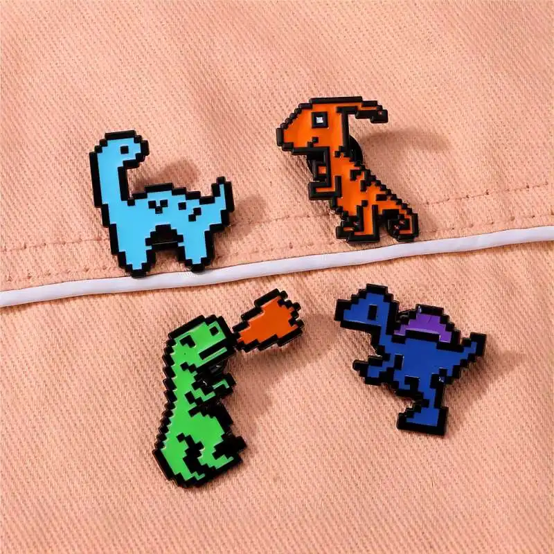 4pcs Cute Cartoon Dinosaur Enamel Brooch Creative Pixel Mosaic Style Spitfire Lapel Pin Badge Backpack Clothing Hat Accessories