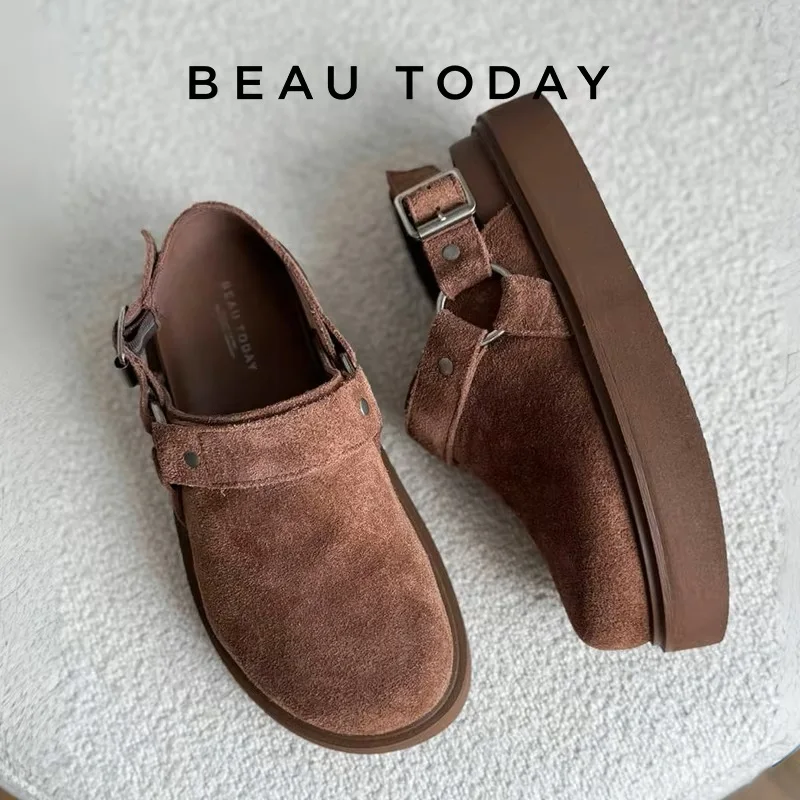 

BEAUTODAY Casual Sandals Women Cow Suede Leather Flats Metal Ring Roud Toe Back Strap Ladies Outdoor Shoes Handemade 38276