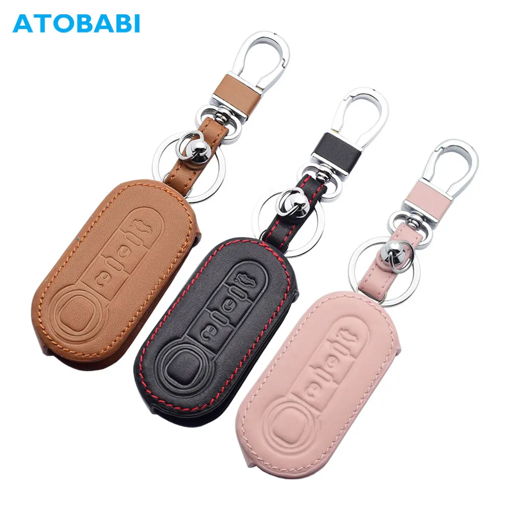 Leather Car Key Case 3 Button Folding Remote Control Protect Cover For Fiat 500 500L 500X Brava Punto Ducato Fiorino Panda Stilo