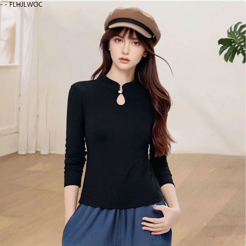 

Черные топы в китайском стиле с воротником-стойкой, новинка 2025, осень-весна, женская блузка на пуговицах для свиданий и девочек, винтажная блузка