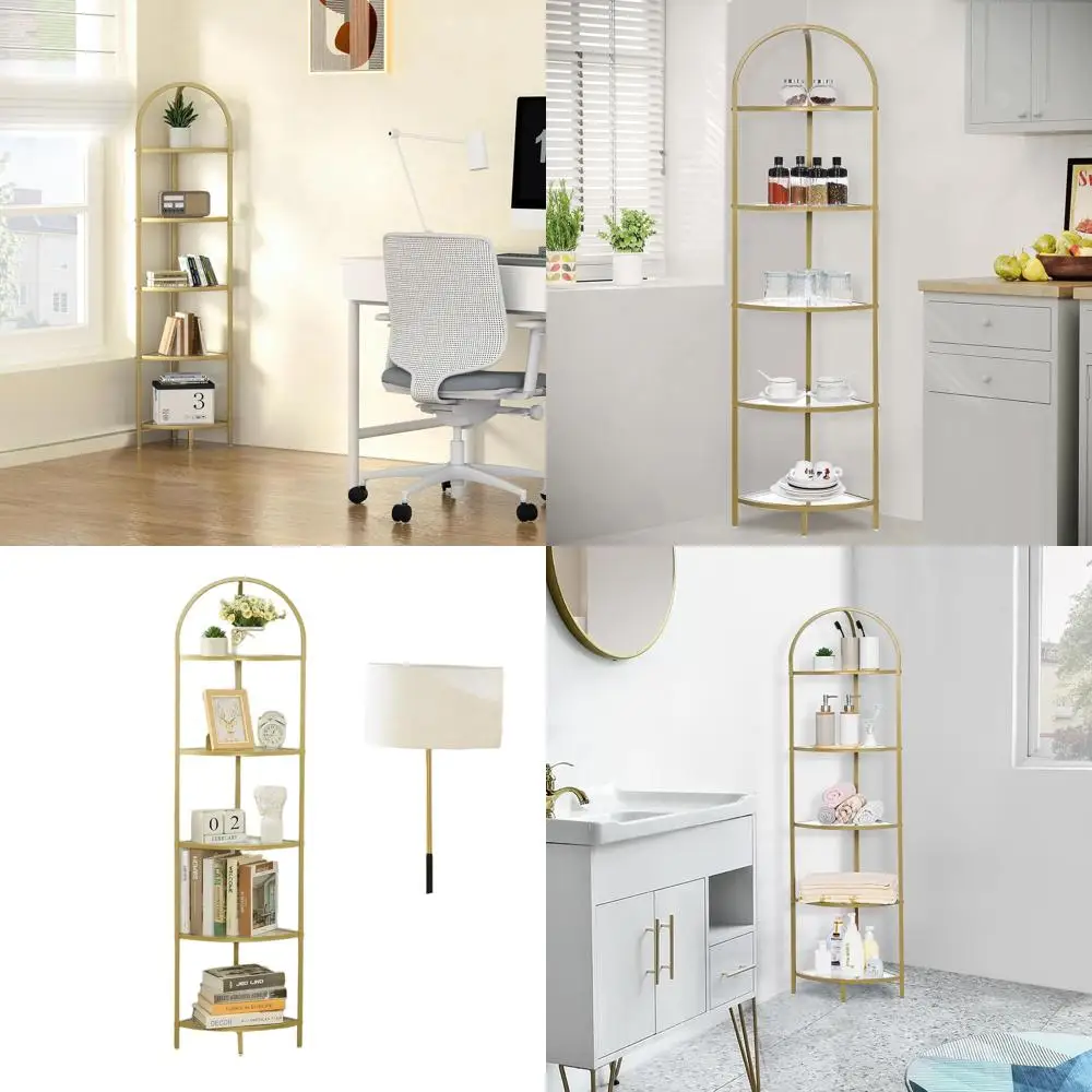 

Golden Modern 5-Tier Metal Corner Shelf with Tempered Glass for Bathroom, Plant Stand, and Book Storage