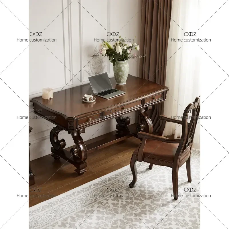Pure Solid Wood Desk and Chair Set Large Carved Writing Table for Villa Study Room Retro Nostalgic Home Office Furniture