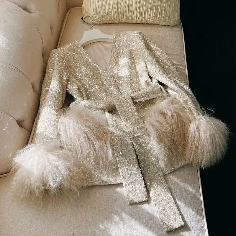 Women Bling Gold 2024 Cardigans Long Sleeve Embellish Knit Coat Outerwear Loose Korea v-neck fur coat Open Stitch Lady
