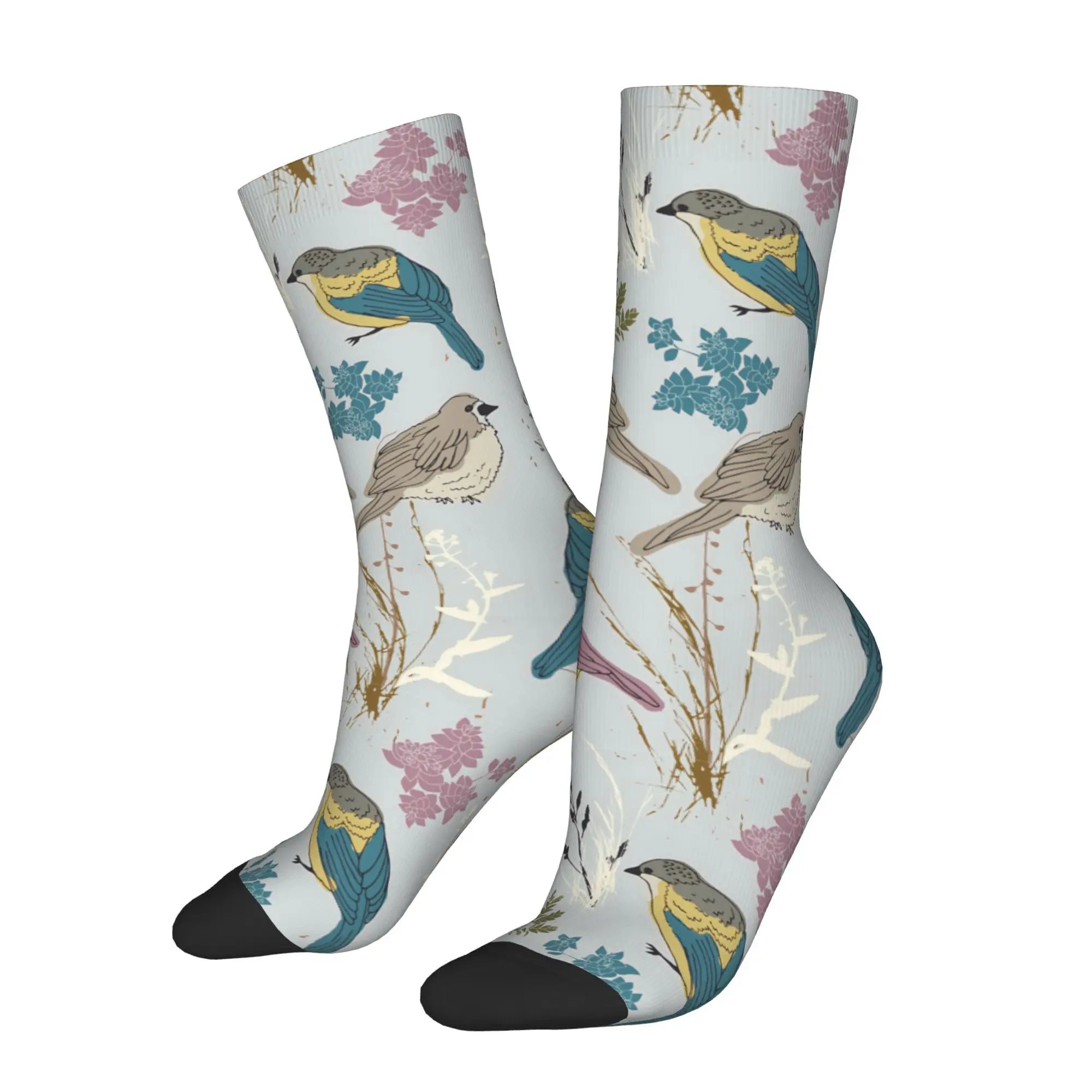 1pc Garden Birds and Grasses Printed Men's Socks  Novelty Hip Hop Harajuku Pattern Crew Sock Casual Gift