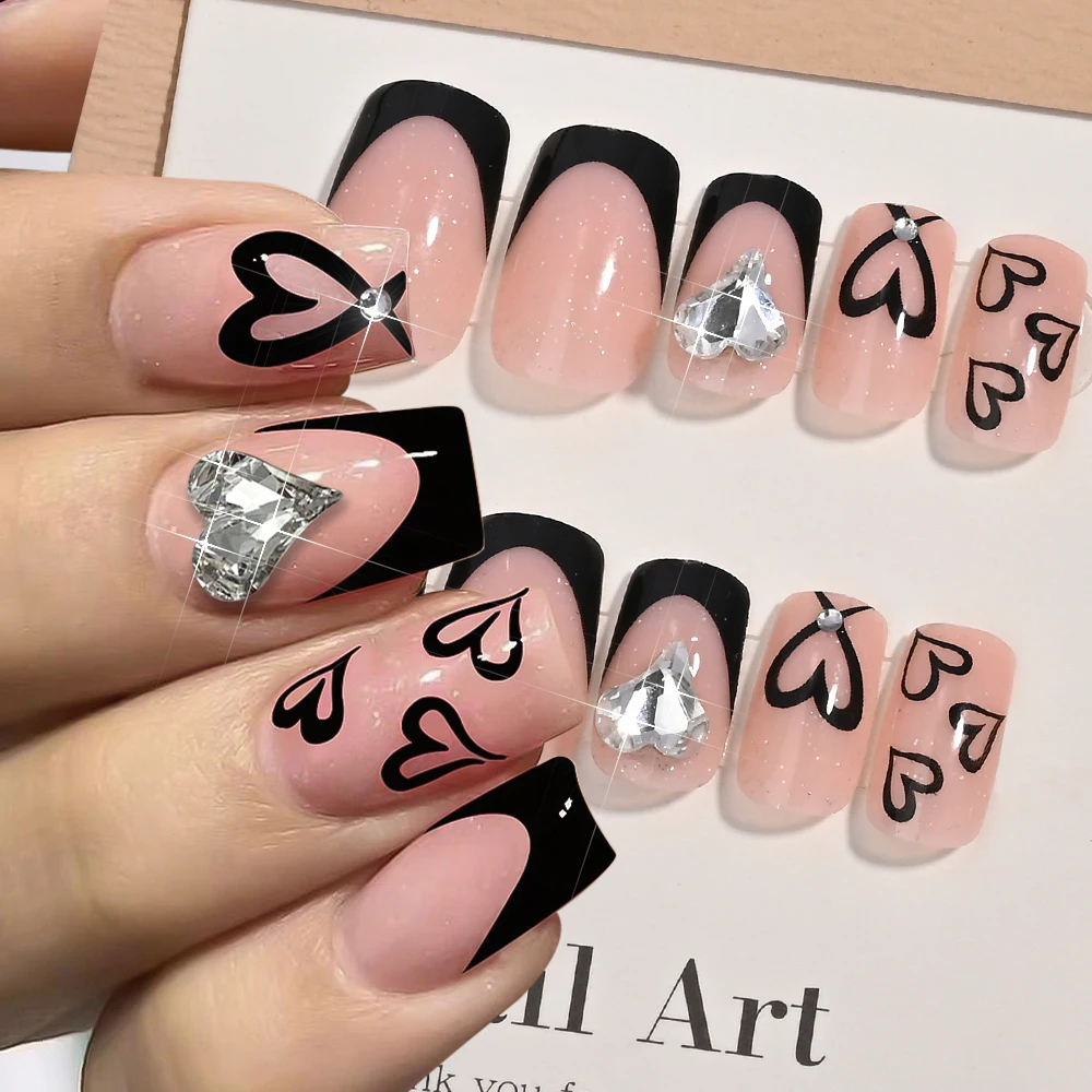 24Pcs Black Love French Press On Nail with 3D Heart Rhinestone Square Fake Nails for Valentine's Day Wedding False Fingertips td
