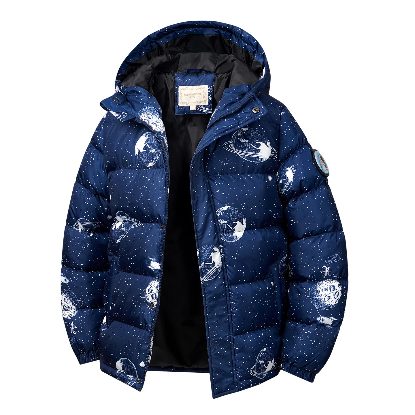Handsome Boys Space Print Cotton Padded Outwear Teenager Kids Winter Thick Warm Windproof Cotton Content Coat Children Garment