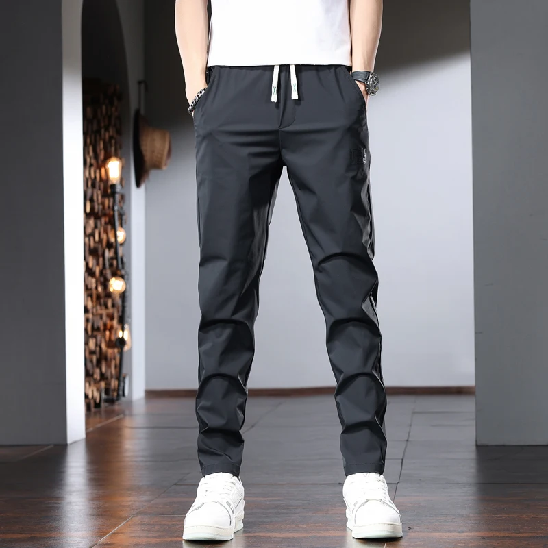 Summer Men's Casual Pants Elastic Waist Sport Joggers Lightweight Black Slim Fit Trousers