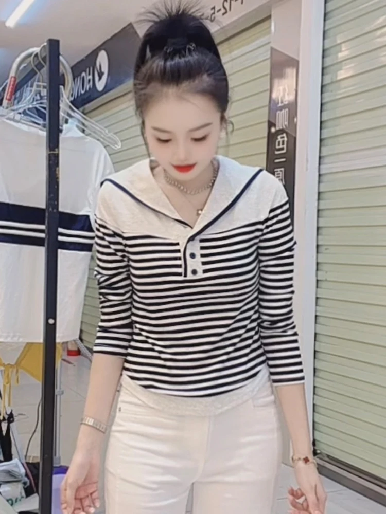 Slim Fit Gestreiftes Langes Sve Reines Baumwoll-T-Shirt Damen Faionable Color Blo Design Herbst Neues Sle Vielseitiges Freizeit-Top