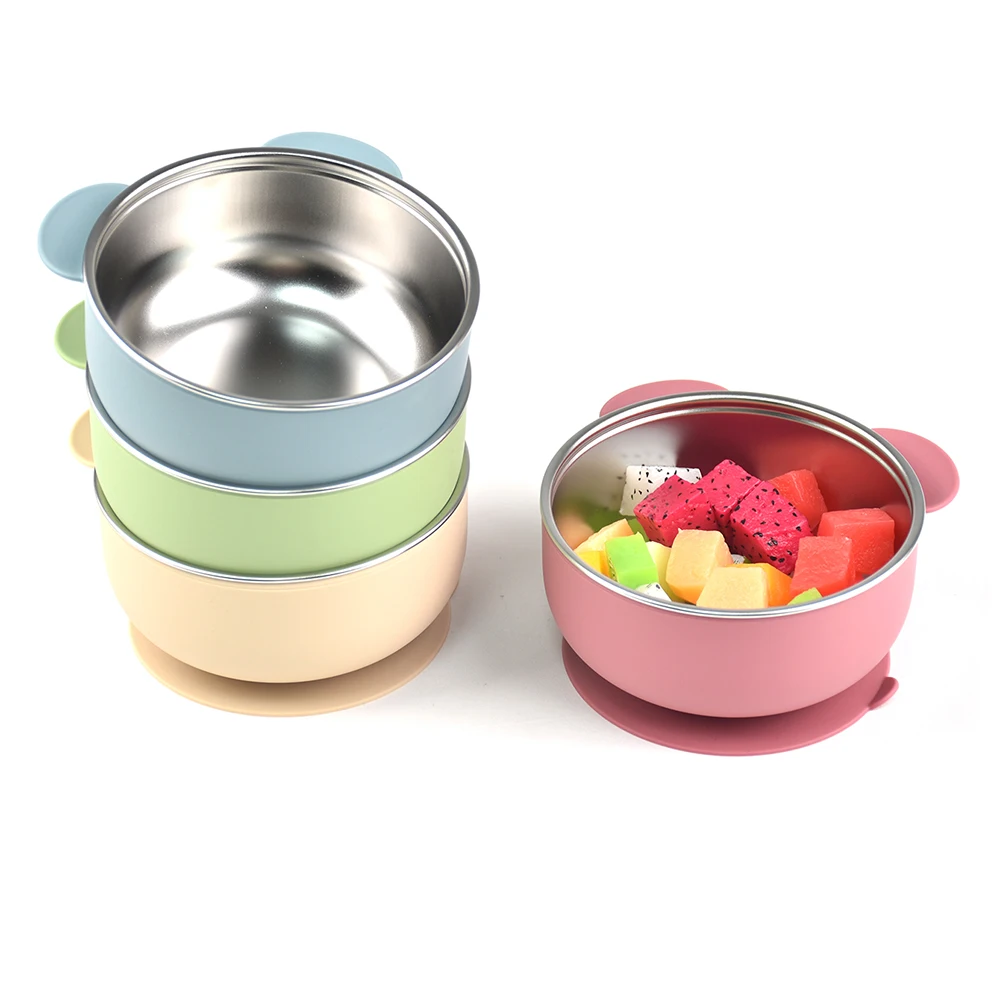 

Детская миска-присоска в форме медведя, 400 мл – силикон + нержавеющая сталь, нескользящая миска для кормления малышей