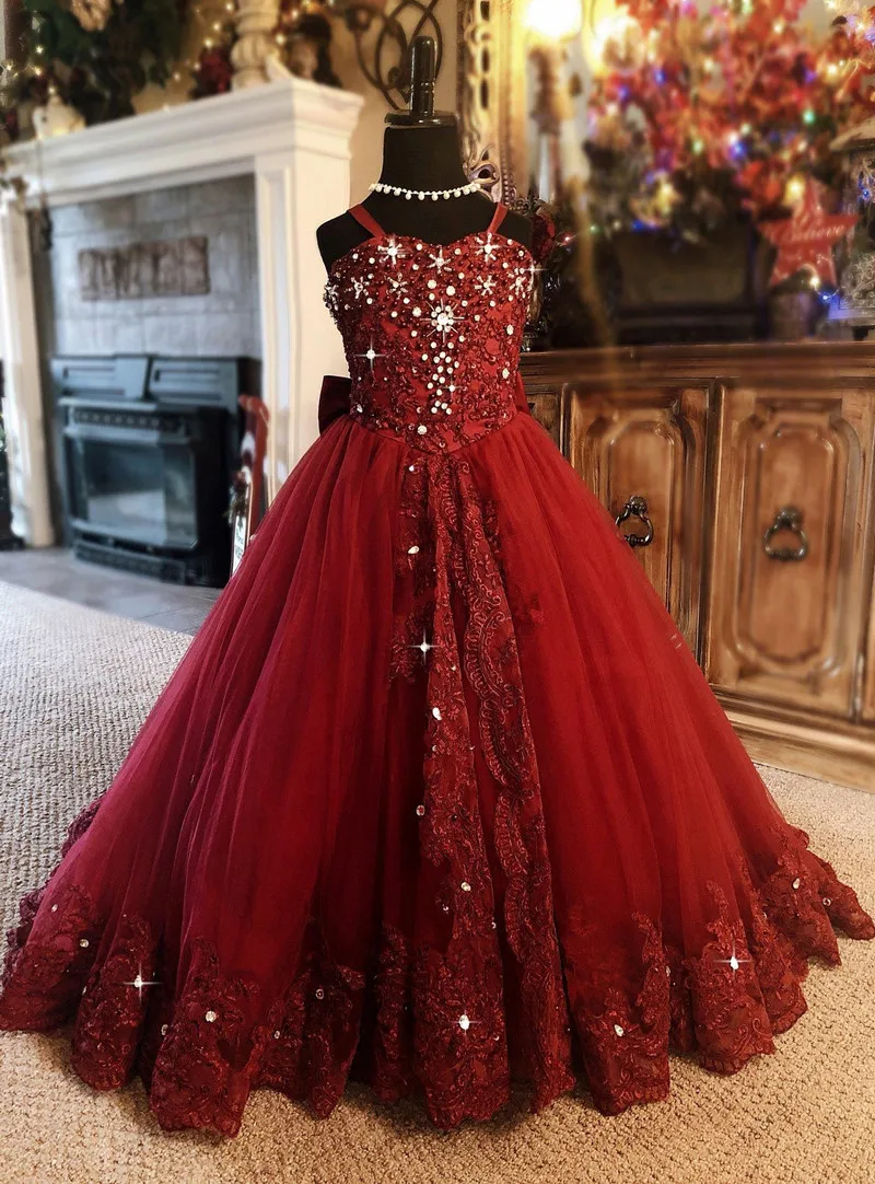 Burgundy A-Line Flower Girl Dresses for Wedding Beaded Lace Princess Birthday Pageant Gown First Communion Dresses with Train