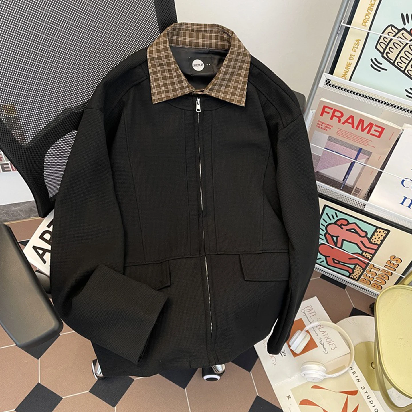 

Heavyweight American Retro Plaid Flannel Jaet Men's Patchwork Collar Flight Jaet Loose Fit Casual Sle Spring Autumn