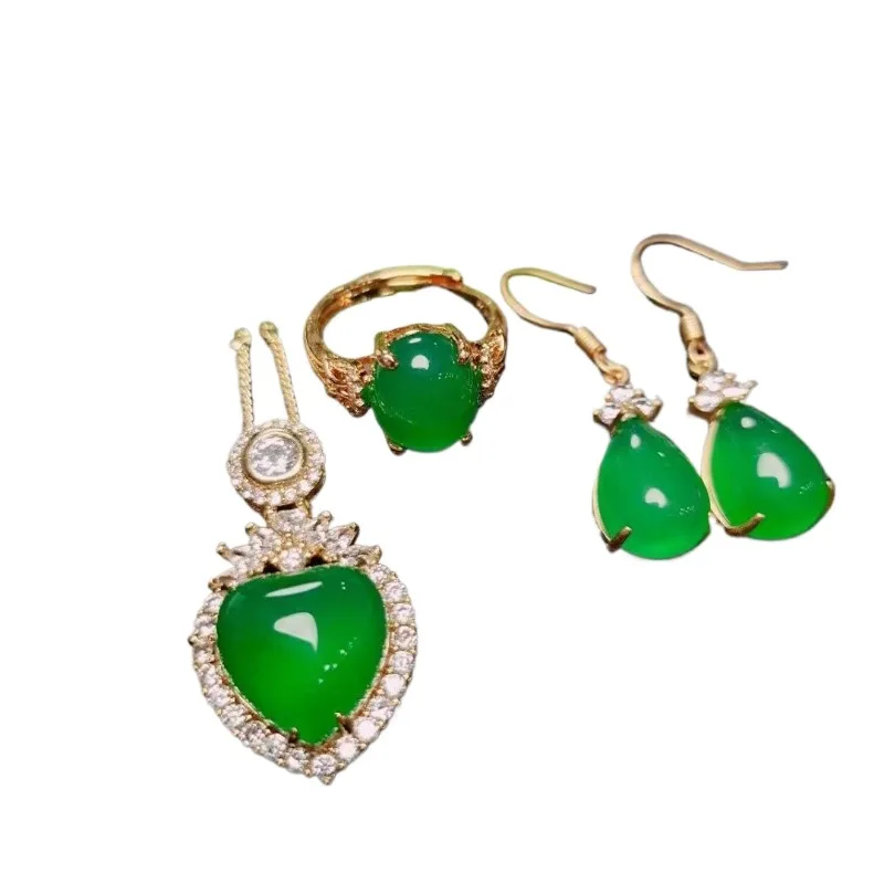 

Natural chalcedony 925 silver inlaid pendant ring earring set women's agate pendant