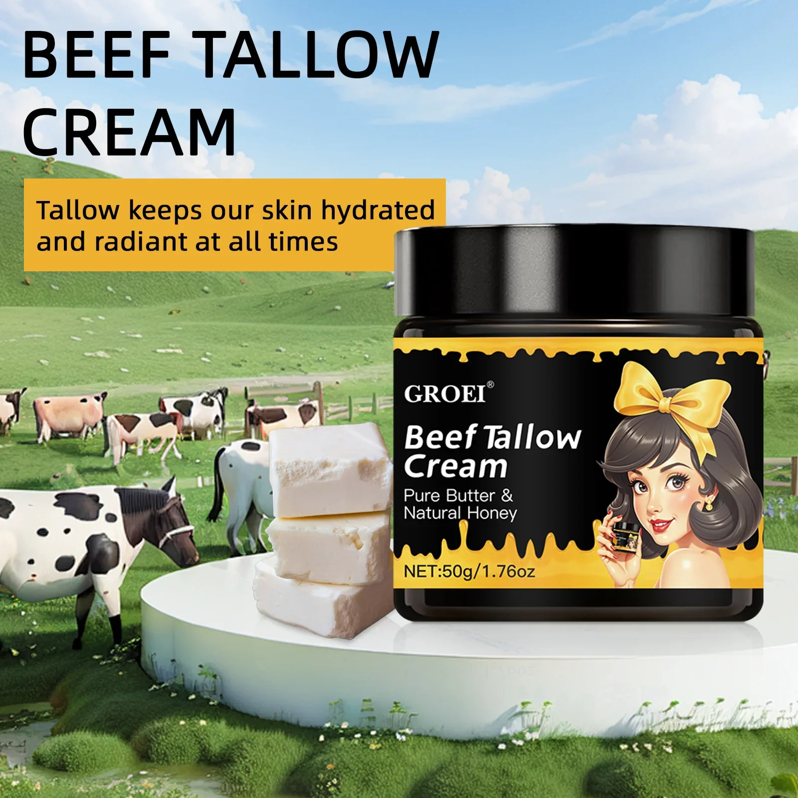 GROEI Beef Tallow Facial Cream 50g, Moisturizing & Radiance Cream with Pure Butter & Honey Formula, For All Skin Types