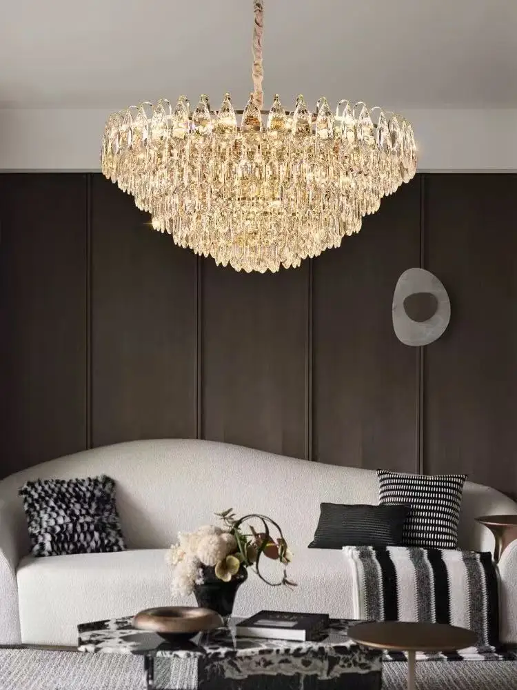 Modern Style Living Room High Quality Clean Crystal Gold Chandelier Villa New Design Bedroom Lamp Long Luxury Dining Room Light